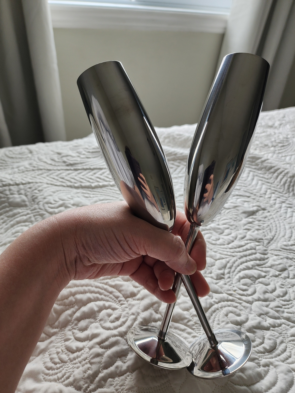 Pair STAINLESS Steel Champagne Flutes Mirror Finish Polished Look Set Of 2 - Picture 2 of 3